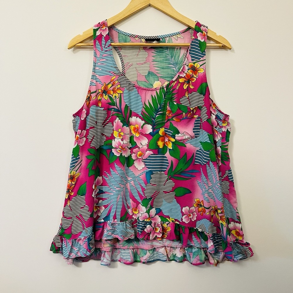 VTG Torrid Y2K‎ Tropical Floral Top Ruffles Pink Green Beach Vacation XL / 1X
